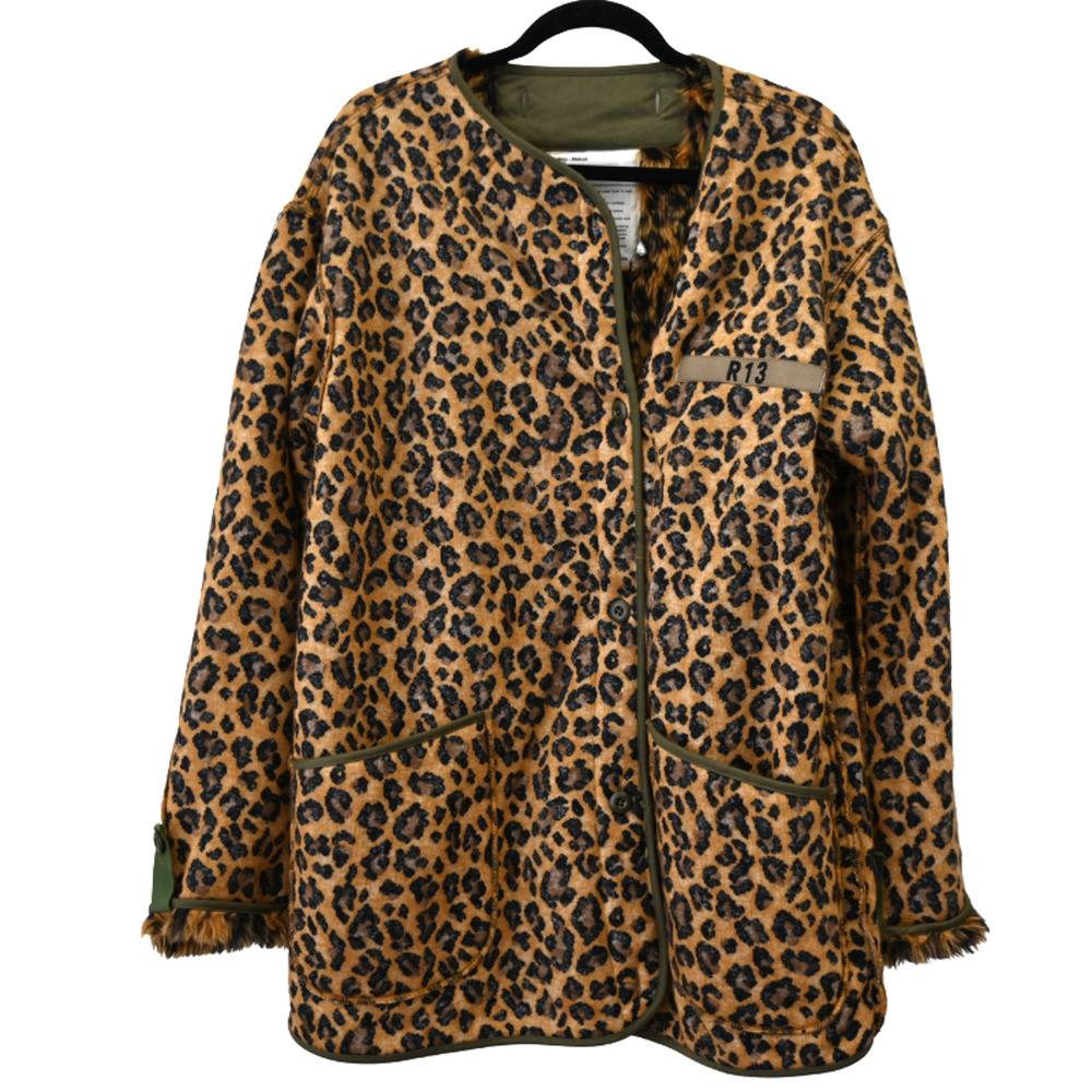 R13 Leopard Military Liner Oversized Faux Fur Lined Jacket Size S